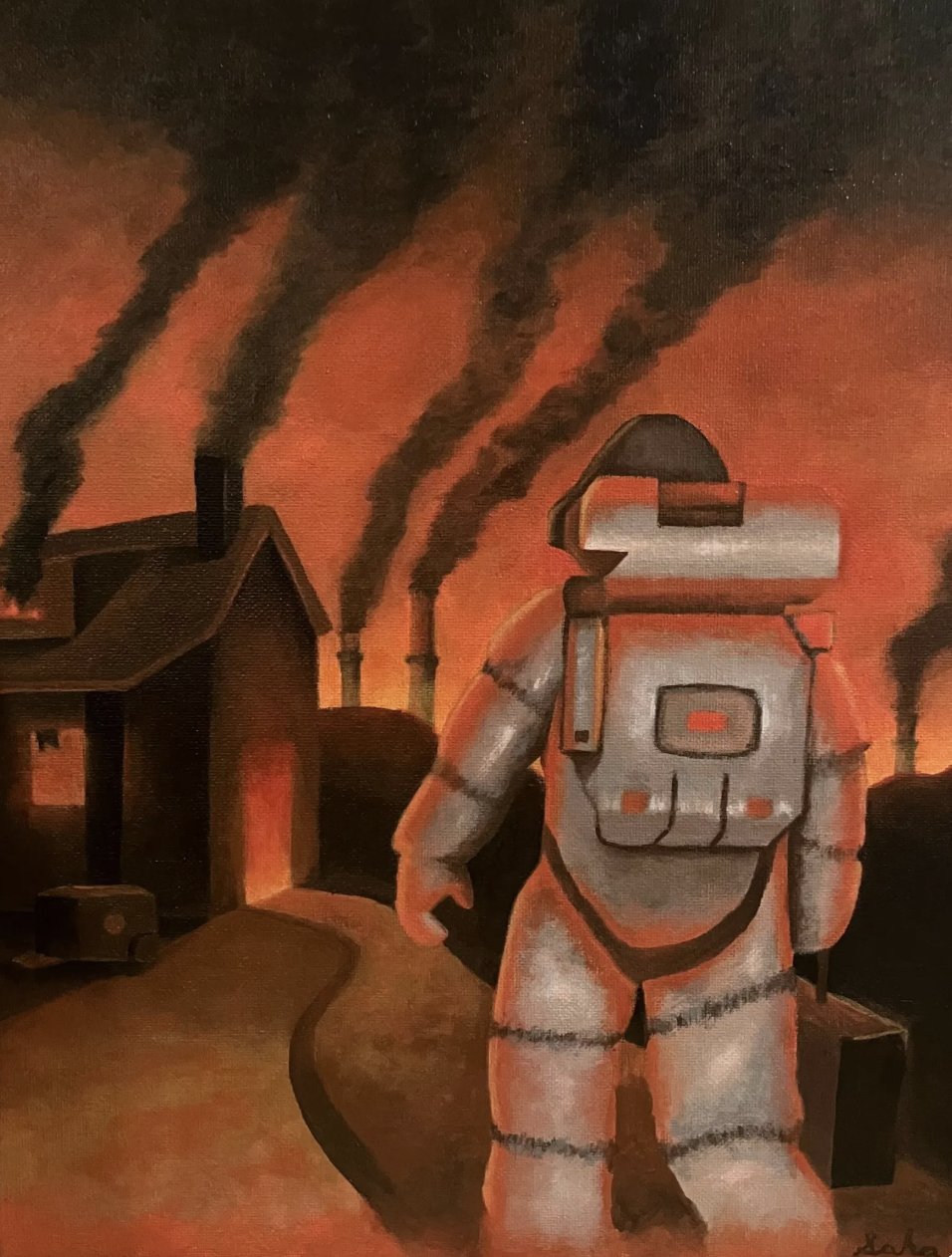 acrylic painting of an astronaut leaving a ruined Earth