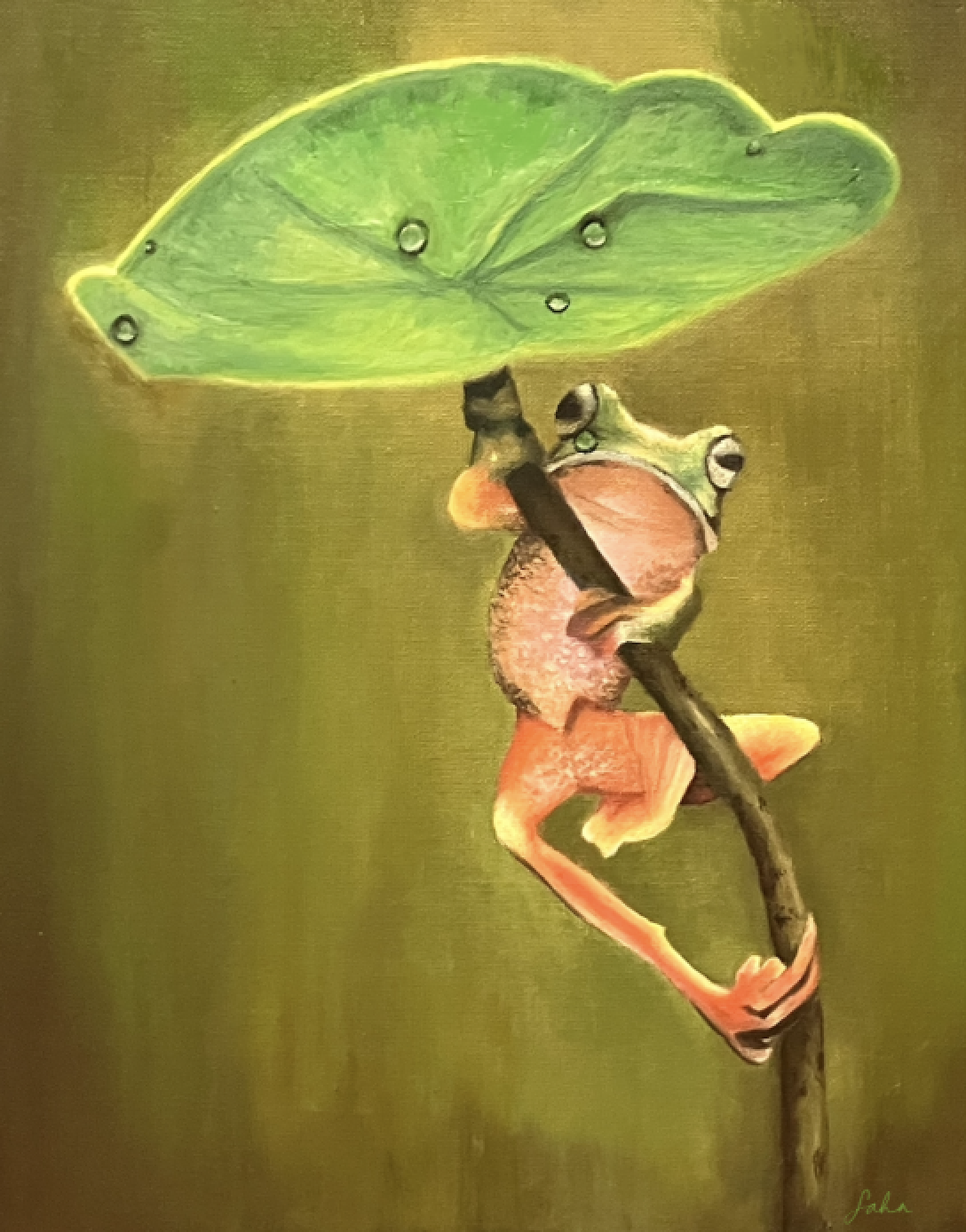 oil painting frog in rain