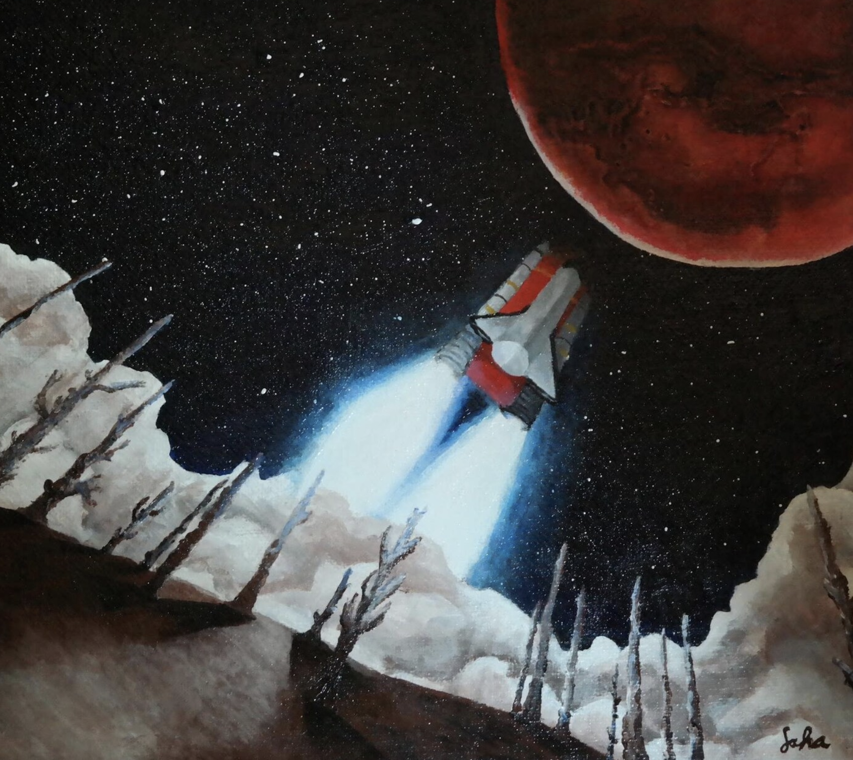 acrylic painting of rocket leaving to Mars