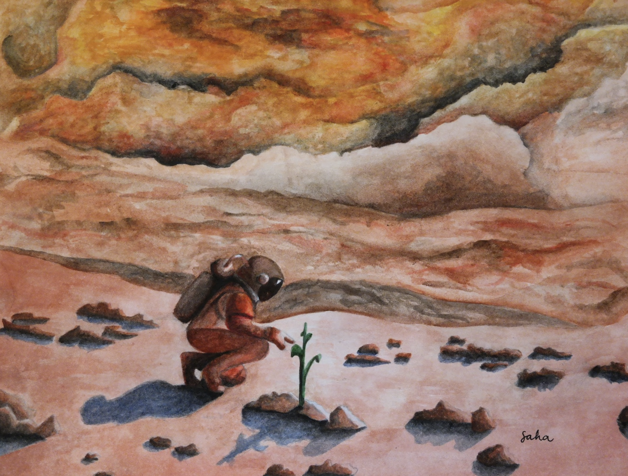 watercolor painting of astronaut planting a plant on Mars